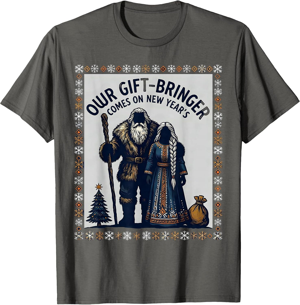 Our Gift-Bringer Comes On New Year's Folk Art Russian T-Shirt - Asphalt Grey