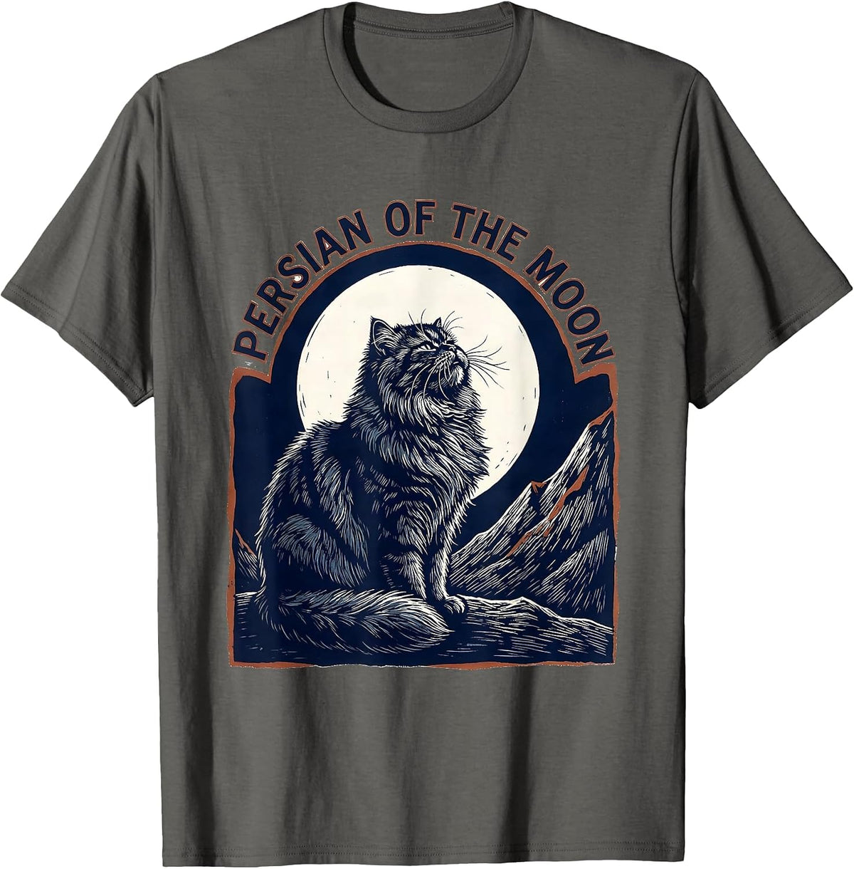 Men's Persian Of The Moon Linocut Cat Lover Retro Humor T-Shirt - Asphalt Grey