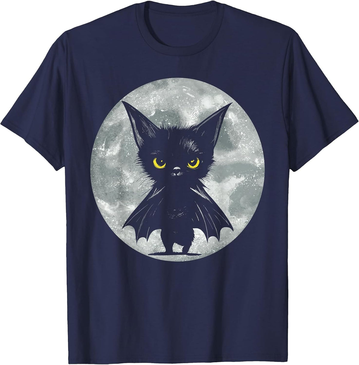 Halloween Cat and Moon: Grumpy Black Kitten in Bat Costume T-Shirt - Navy Blue