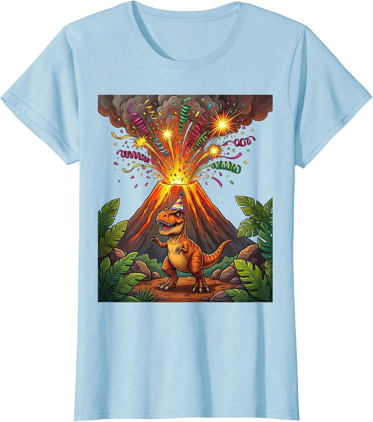 Women's Dinosaur Birthday Volcano Confetti Celebration T-Shirt - Baby Blue