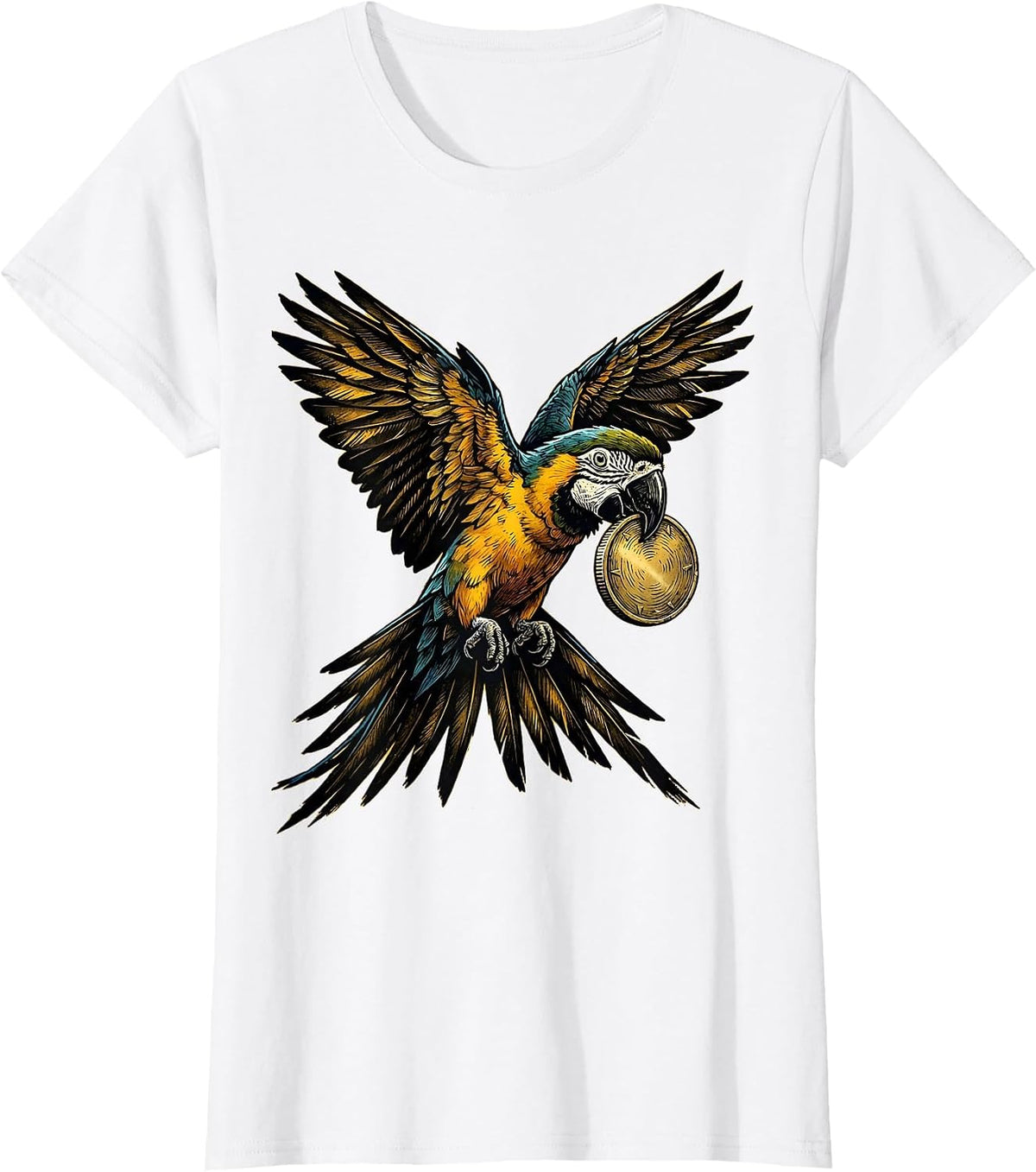 Women's Pirate Parrot Flying with Golden Coin T-Shirt - White
