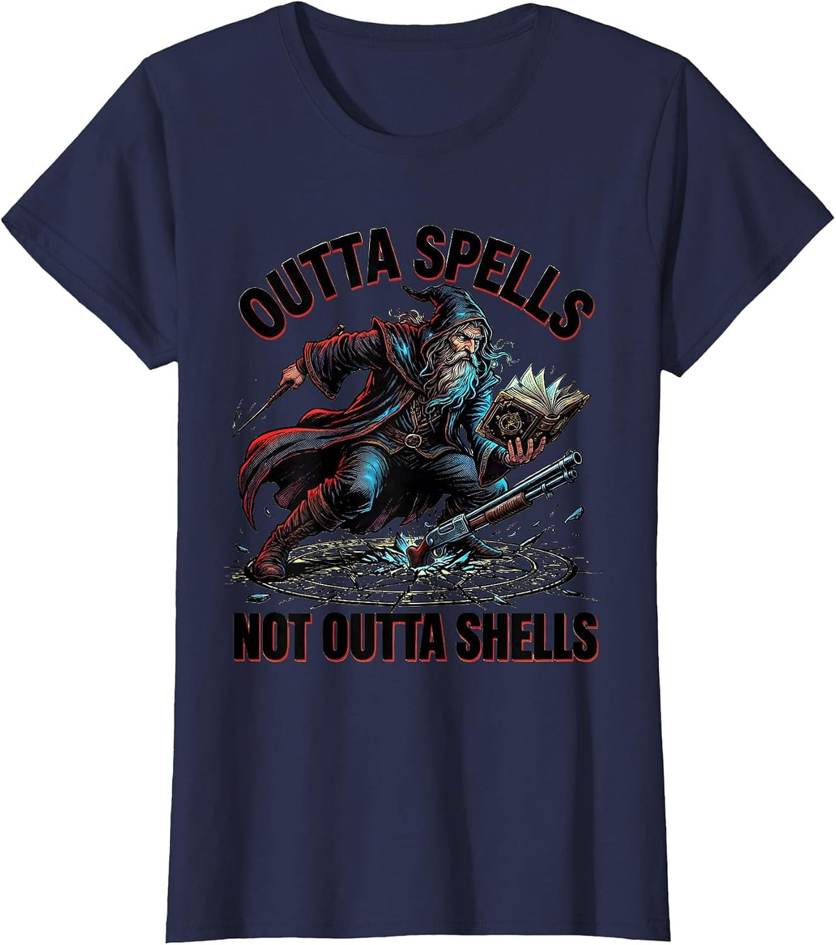 Women's Outta Spells Not Outta Shells Comic Book Wizard Fantasy Meme T-Shirt - Navy Blue