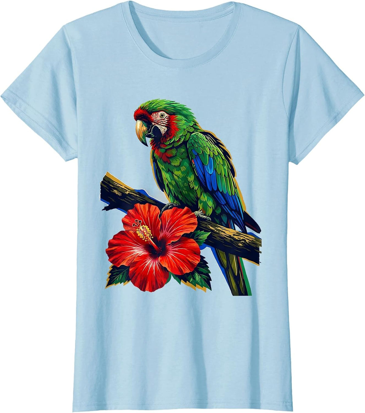 Puerto Rican Parrot and Hibiscus Illustration T-Shirt - Baby Blue