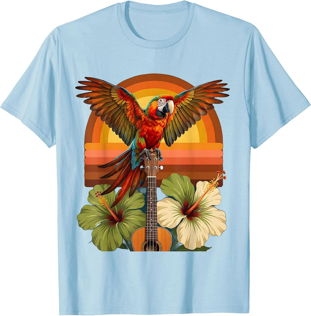 Tropical Parrot on Ukulele Hawaiian Graphic T-Shirt - Baby Blue