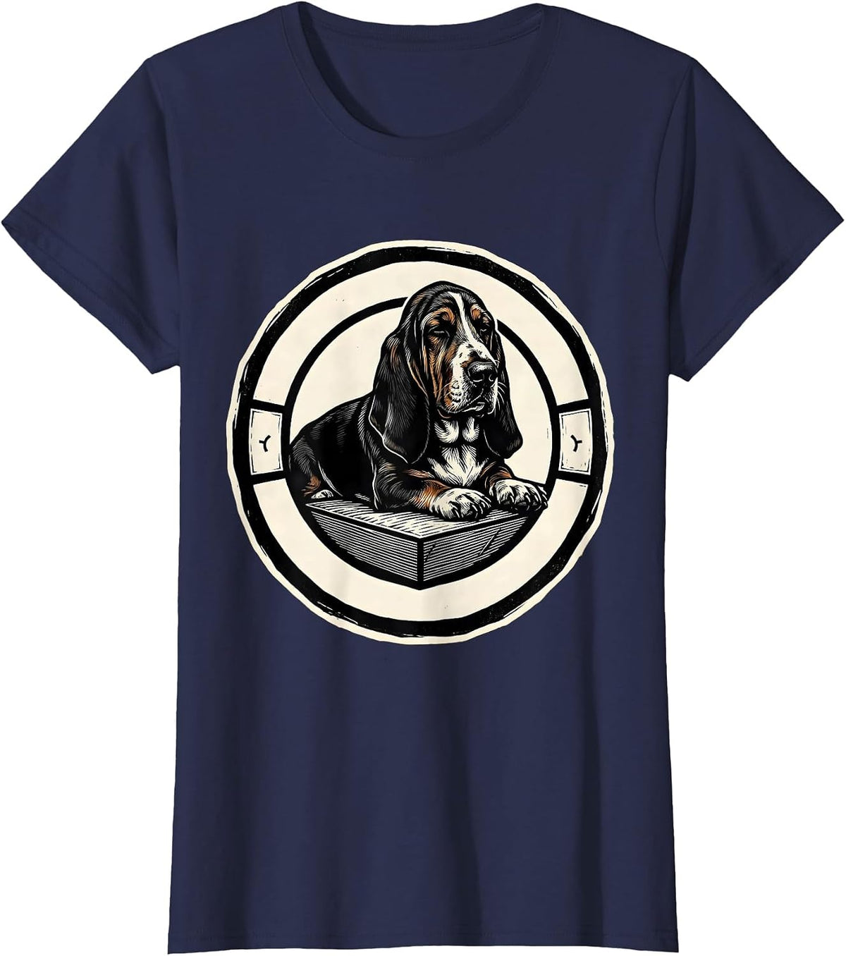 Women's Sleeping Basset Hound Linocut Animal Lover Pajama Humor T-Shirt - Navy Blue