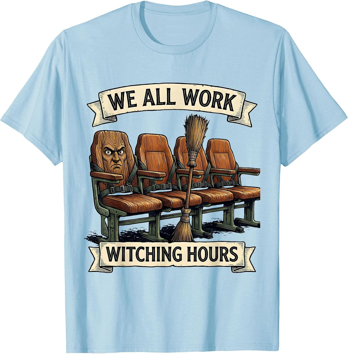 Men's We All Work Witching Hours Funny School Bus Driver Halloween T-Shirt - Baby Blue