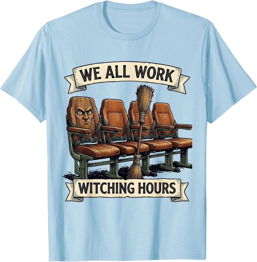 Men's We All Work Witching Hours Funny School Bus Driver Halloween T-Shirt - Baby Blue