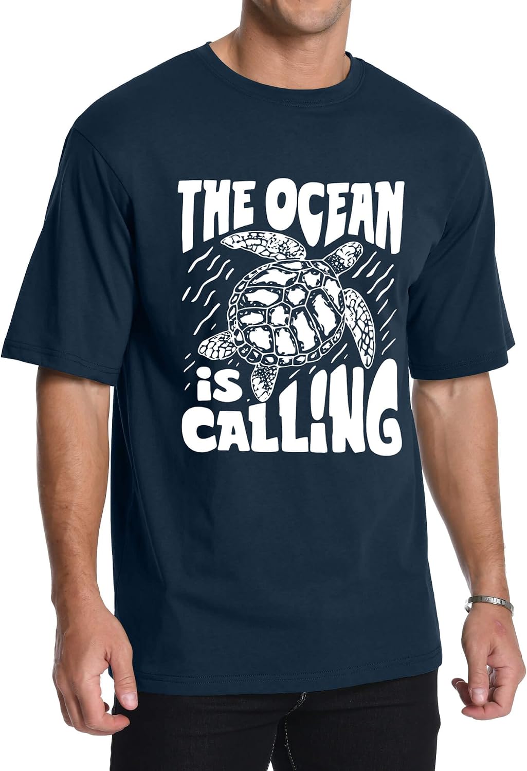 Aiyino Unisex Sea Turtle The Ocean is Calling 100% Cotton Graphic Tee - Navy