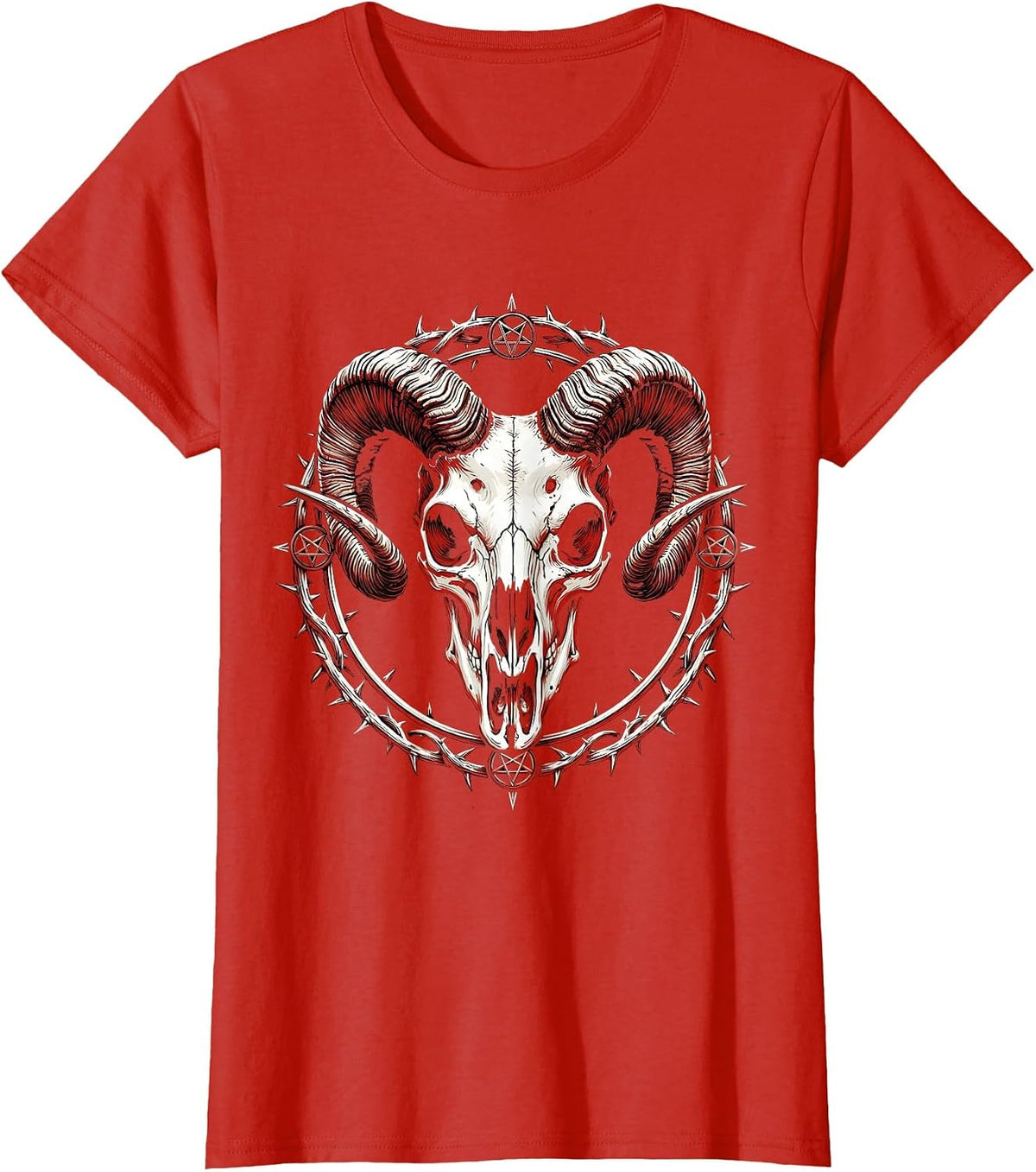 Demonic Goat Skull Curved Horns Horror Art T-Shirt - Red
