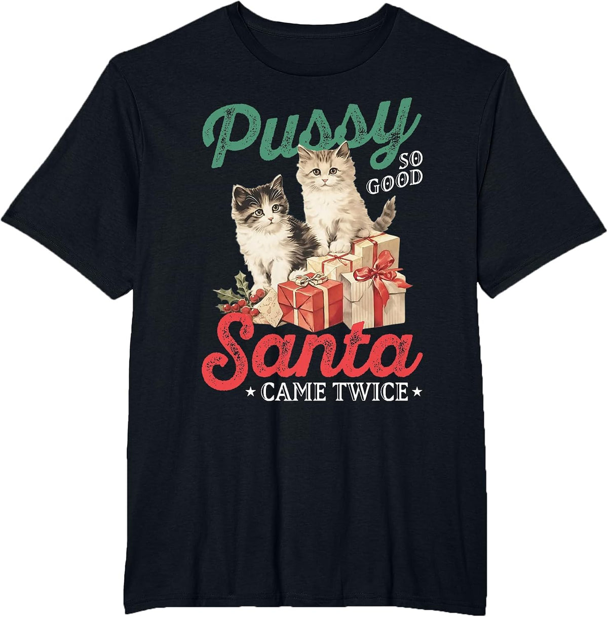 Cat Pussy So Good Santa Came Twice T-Shirt - Black