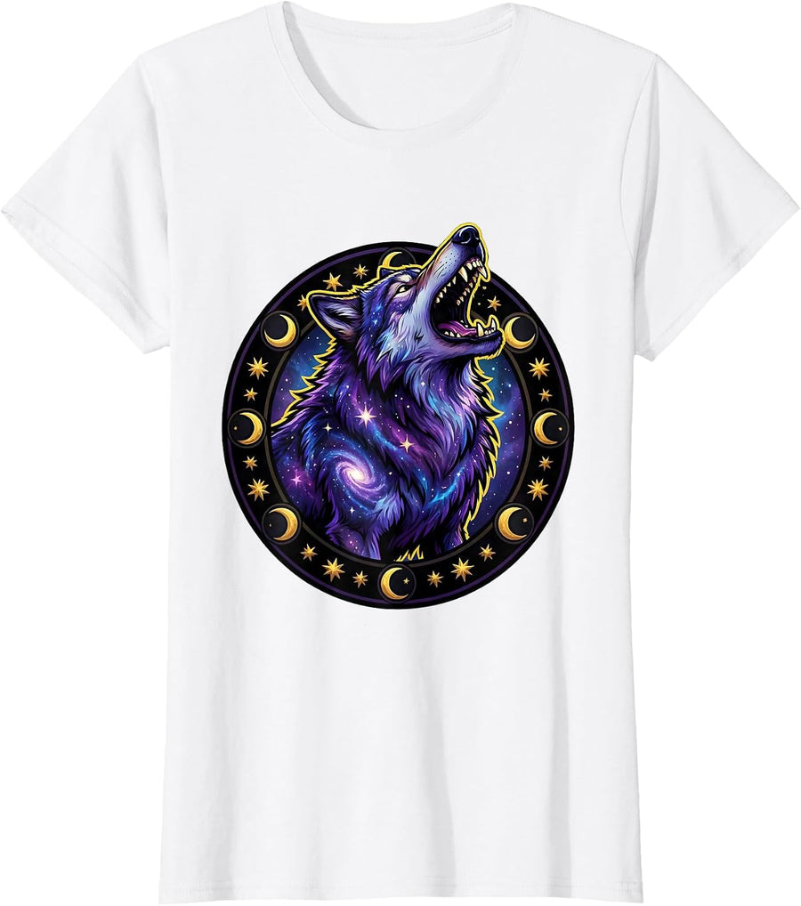 Women's Celestial Galaxy Wolf Howling Anime Graphic T-Shirt - White