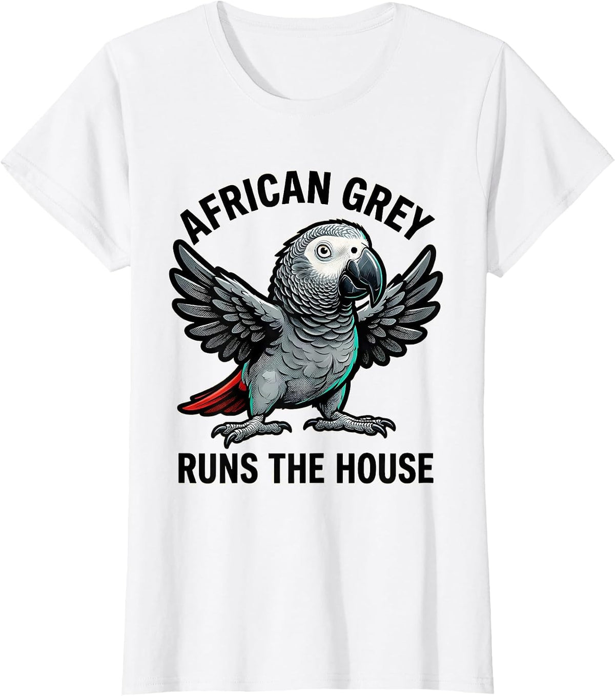 African Grey Runs The House Retro Cartoon Pet Bird Lover T-Shirt - White