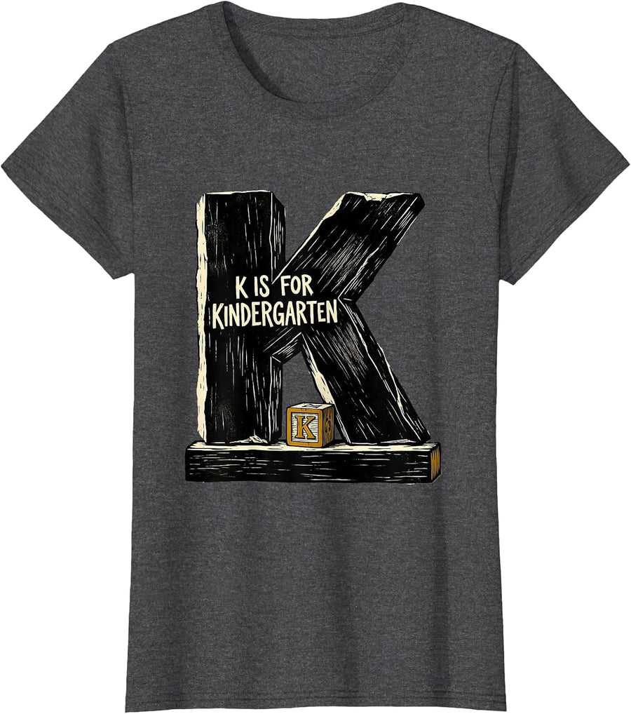 Women's K Is For Kindergarten Teacher Linocut Back To School T-Shirt - Dark Heather Grey