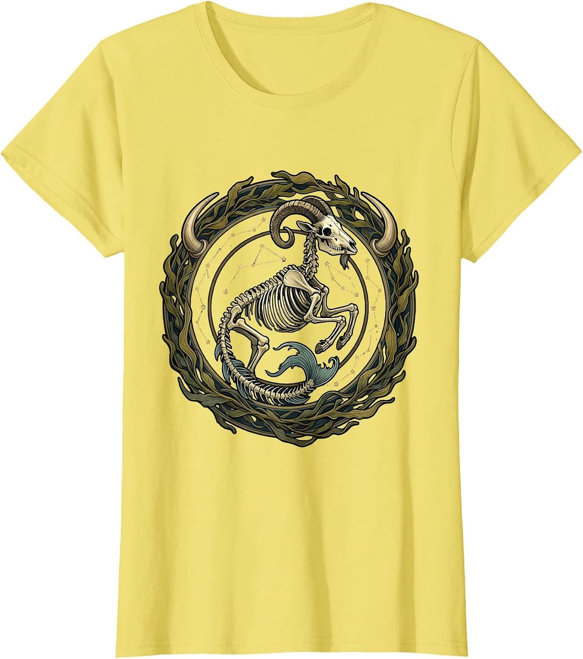 Capricorn Sea-Goat Skeleton Star Map Zodiac T-Shirt - Lemon Yellow