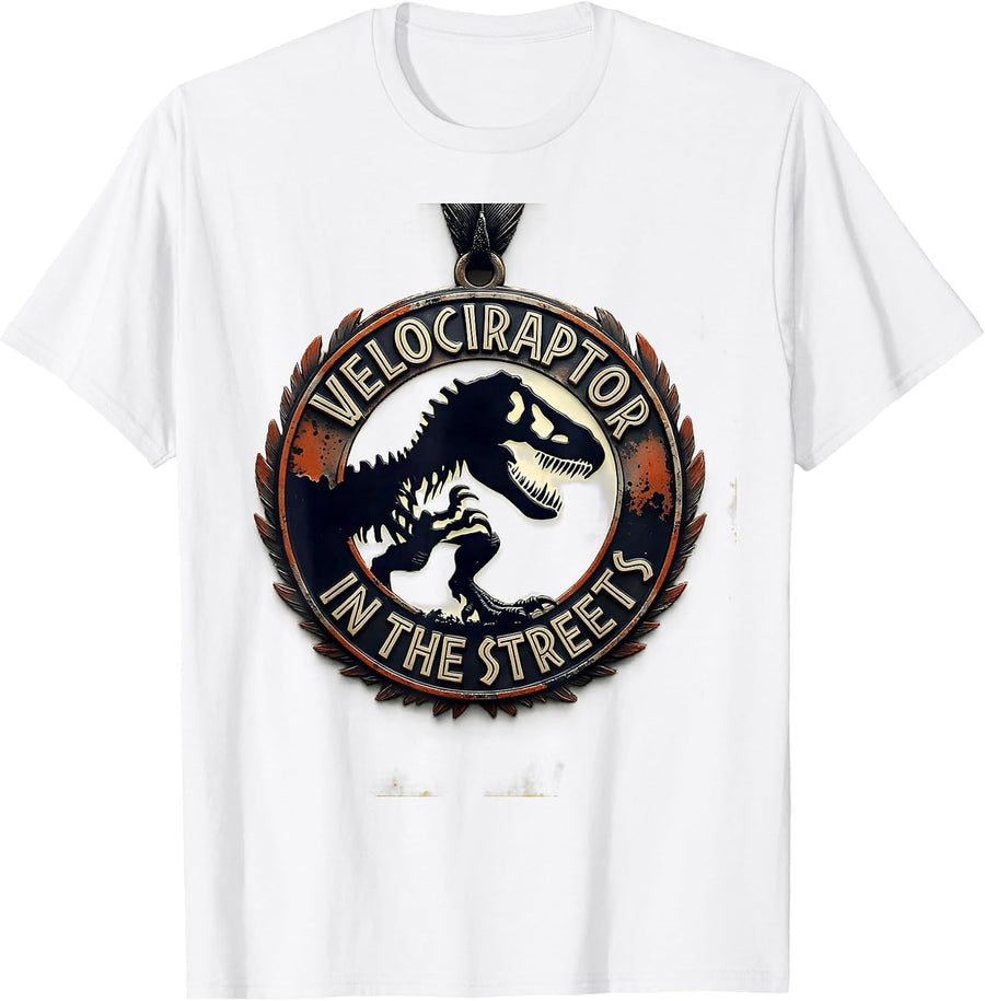 Men's Velociraptor In The Streets Dinosaur Design T-Shirt - White