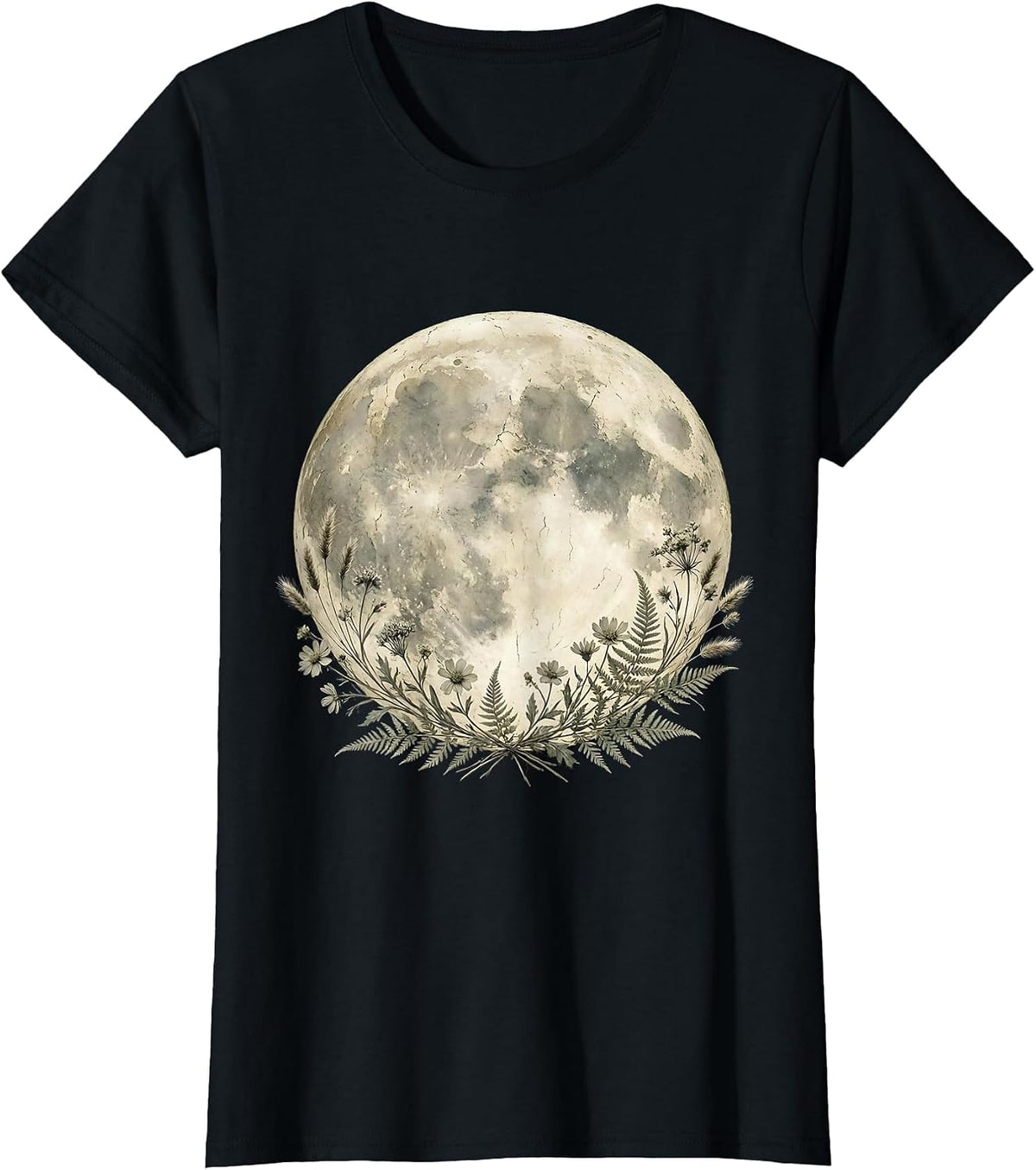 Women's Full Moon Shining Bright Illustration T-Shirt - Black