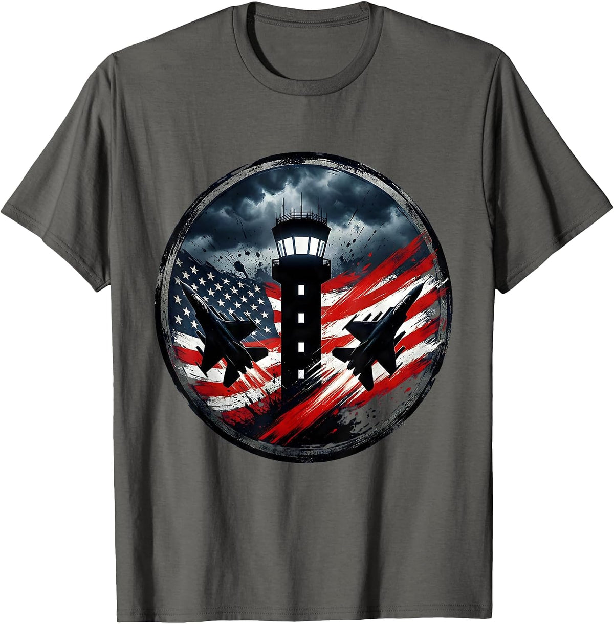 Control Tower Stormy Night Sky Illustration T-Shirt - Asphalt Grey