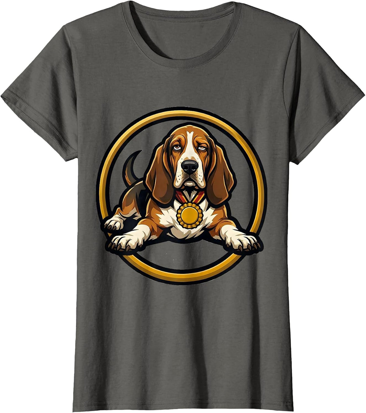 Women's Basset Hound Slouch Mascot Logo Funny Dog Lover Gift T-Shirt - Asphalt Grey
