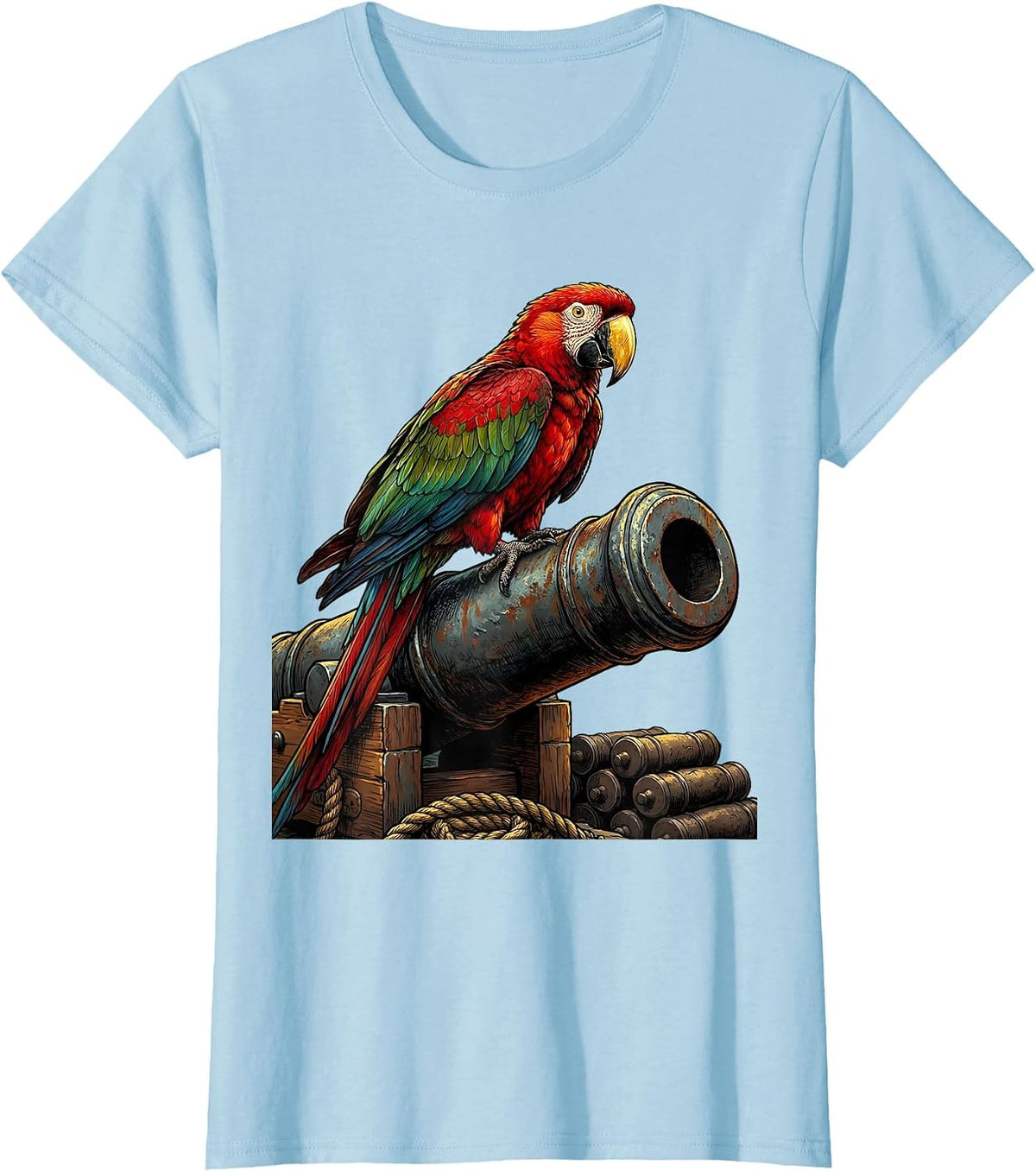 Pirate Parrot Perched on Cannon Barrel T-Shirt - Baby Blue