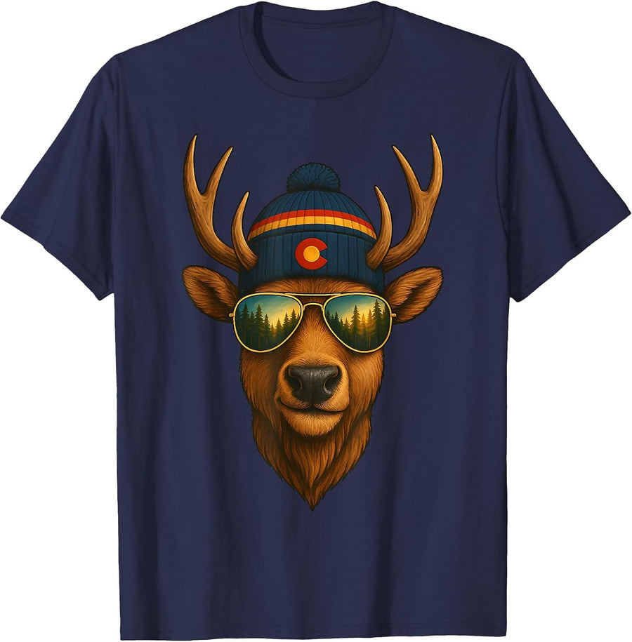 Colorado Elk Mountain Wildlife Men Women Kids T-Shirt - Navy Blue