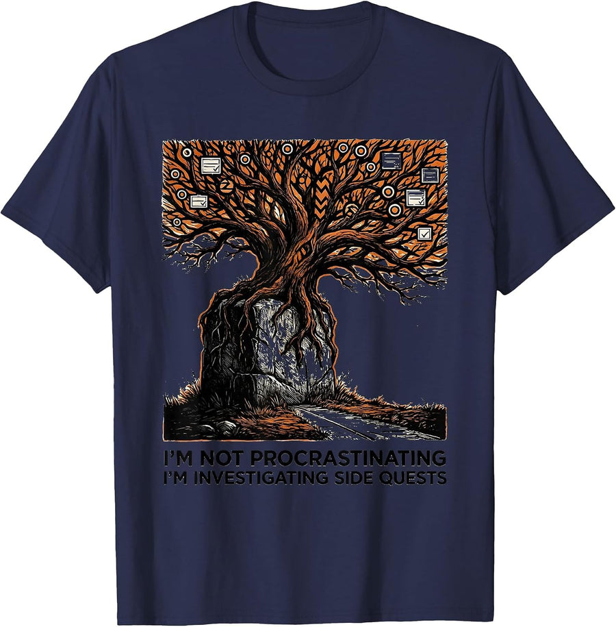I'm Not Procrastinating, I'm Investigating Side Quests T-Shirt - Navy Blue