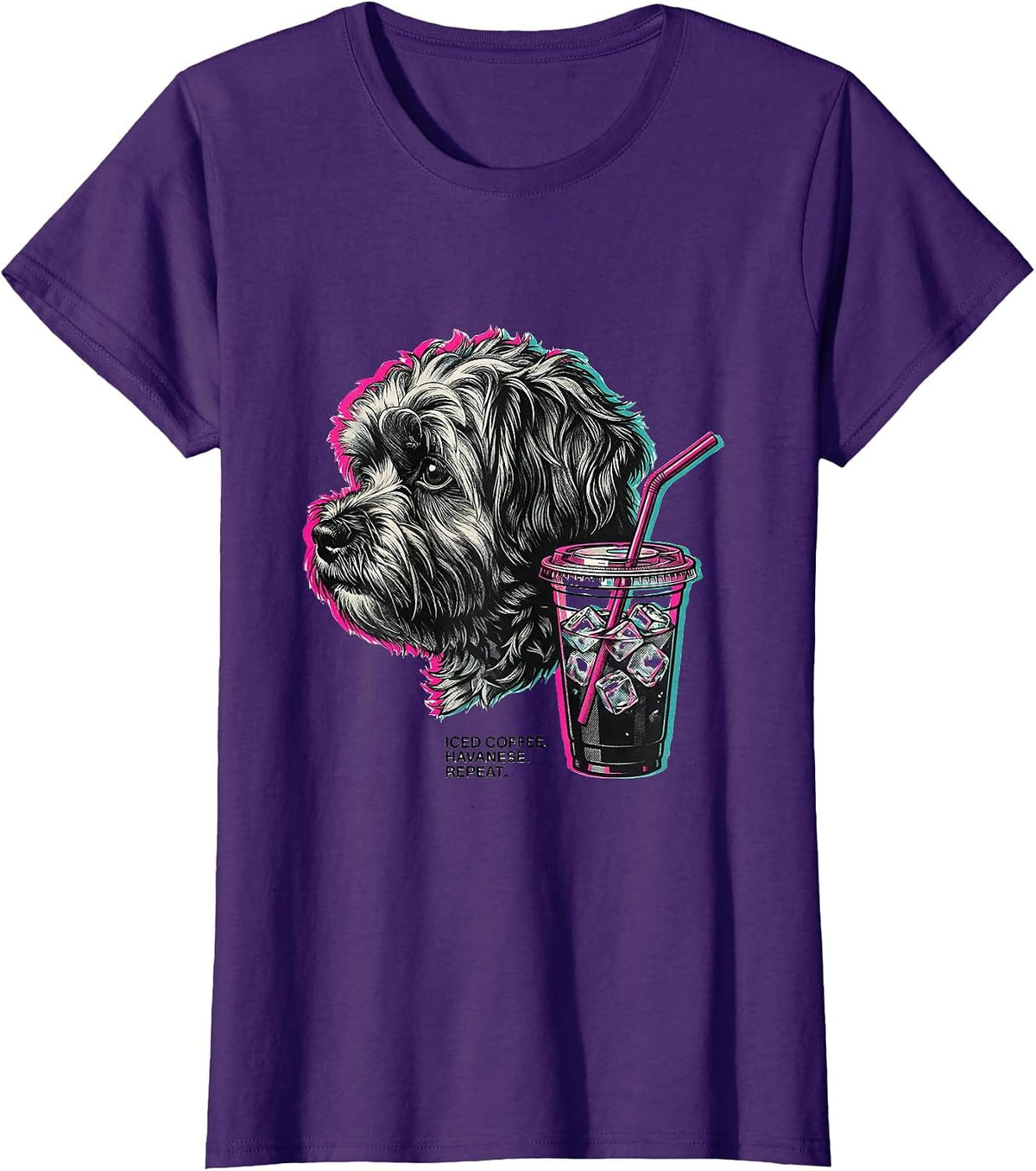 Women's Iced Coffee Havanese Repeat Hipster Dog Breed Humor T-Shirt - Purple