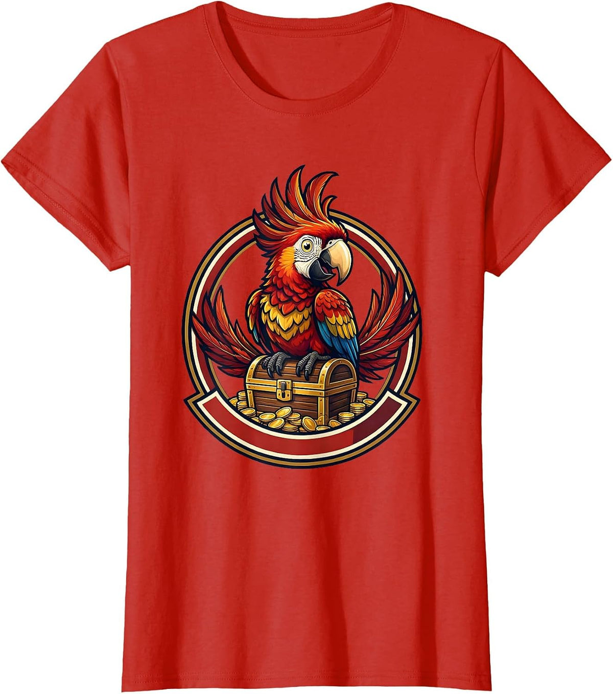 Women's Pirate Parrot on Treasure Chest Graphic Tee T-Shirt - Red