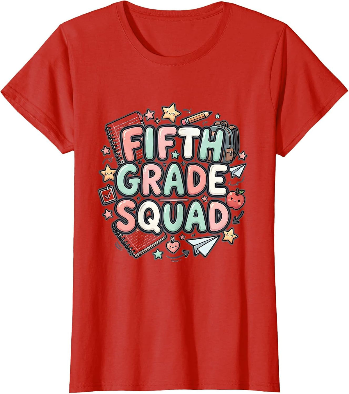Women's Fifth Grade Squad Kawaii Doodle Back to School Teacher T-Shirt - Red