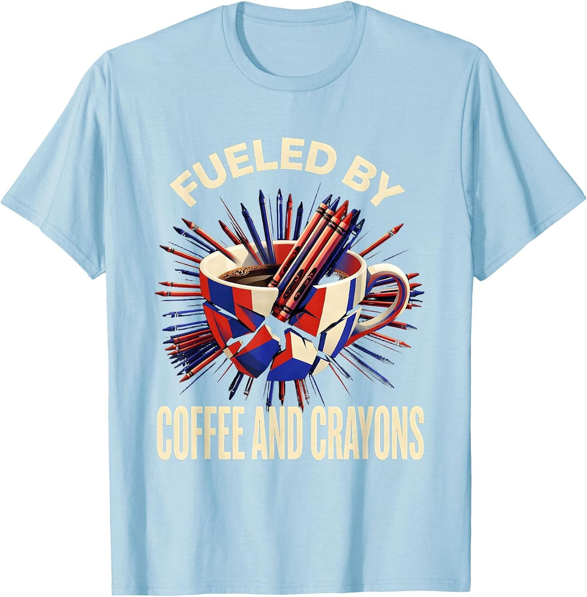 Men's Fueled by Coffee and Crayons 2nd Grade Teacher T-Shirt - Baby Blue