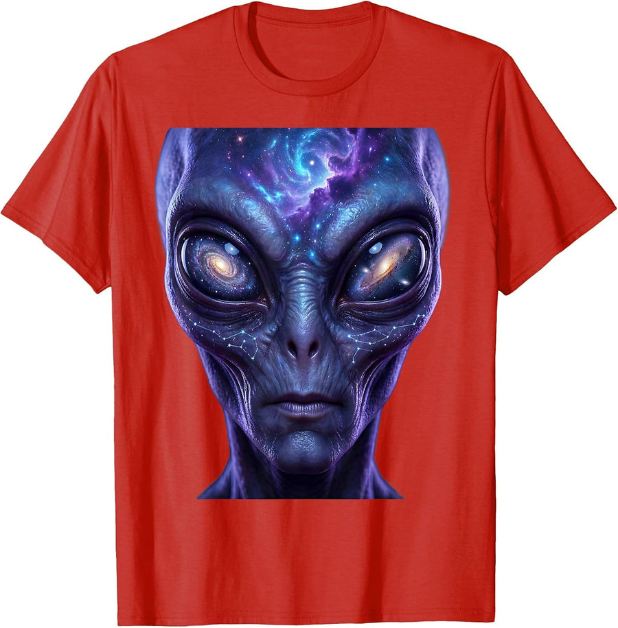 Men's Alien Face Galaxy Eyes Close-Up Illustration T-Shirt - Red
