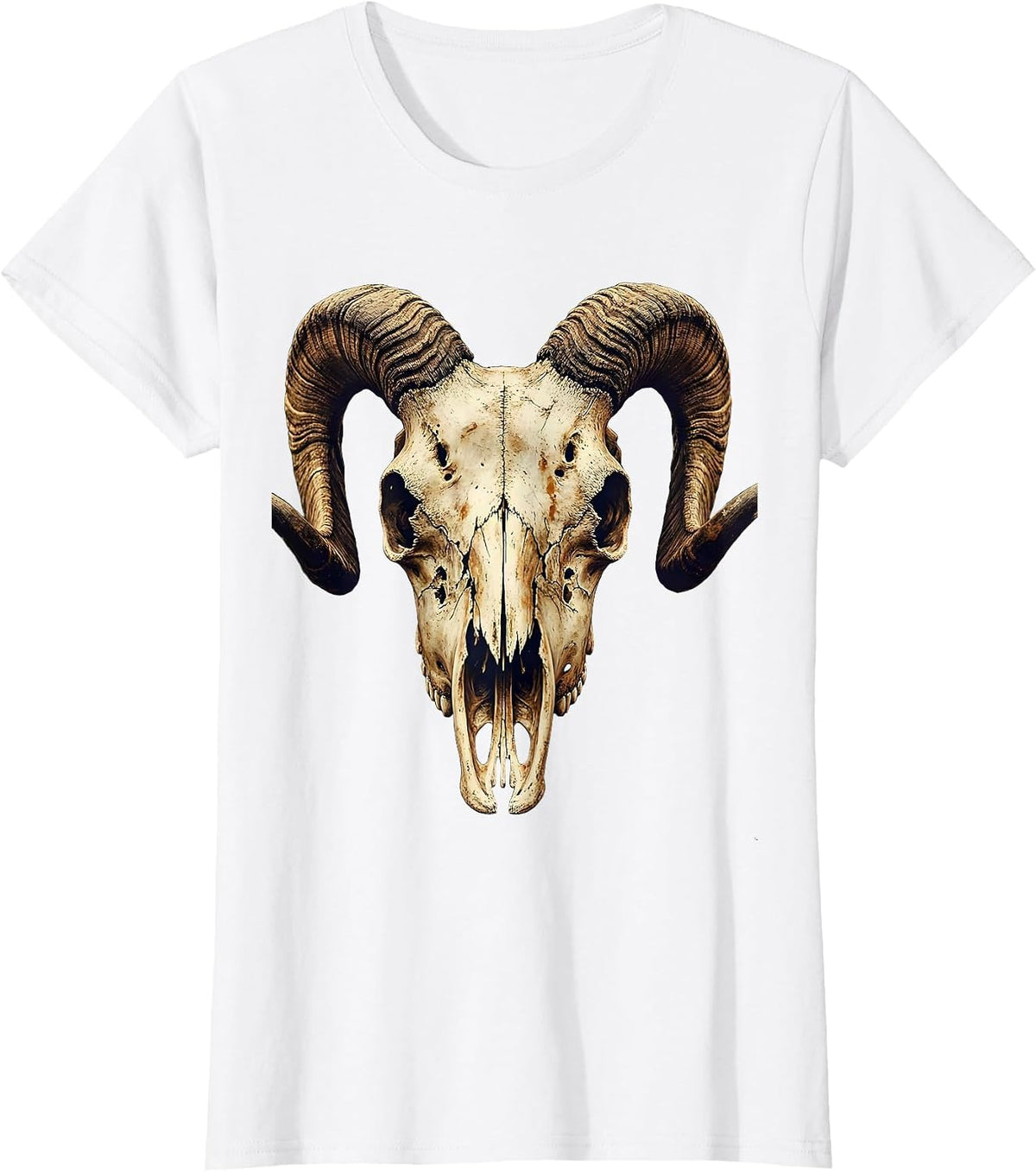 Women's Demonic Goat Skull Curved Horns Horror Illustration T-Shirt - White