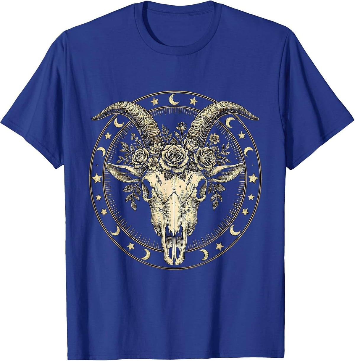 Capricorn Goat Skull Floral Crown Zodiac T-Shirt - Royal Blue