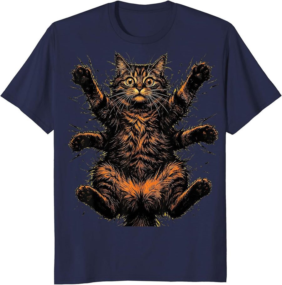 Overstimulated Frazzled Cat Graphic Tee T-Shirt - Navy Blue