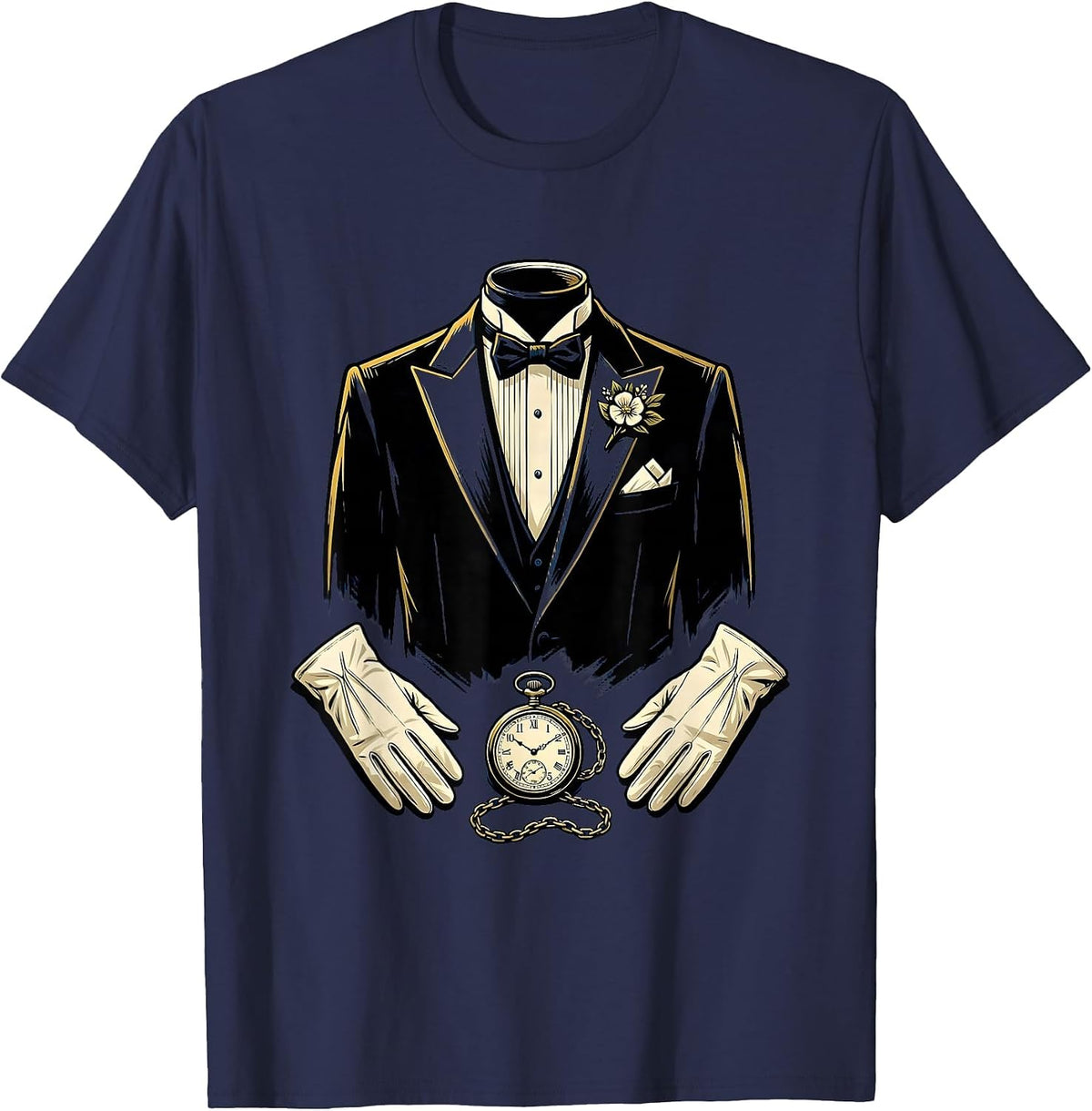 Vintage Tuxedo Pocket Watch and White Gloves Graphic T-Shirt - Navy Blue