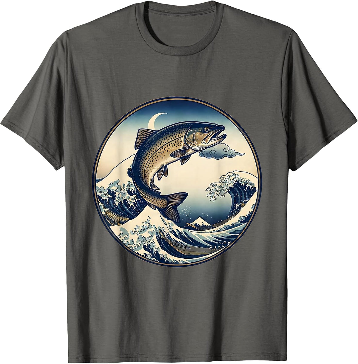 Men's Leaping Trout River Surface Fishing Illustration T-Shirt - Asphalt Grey