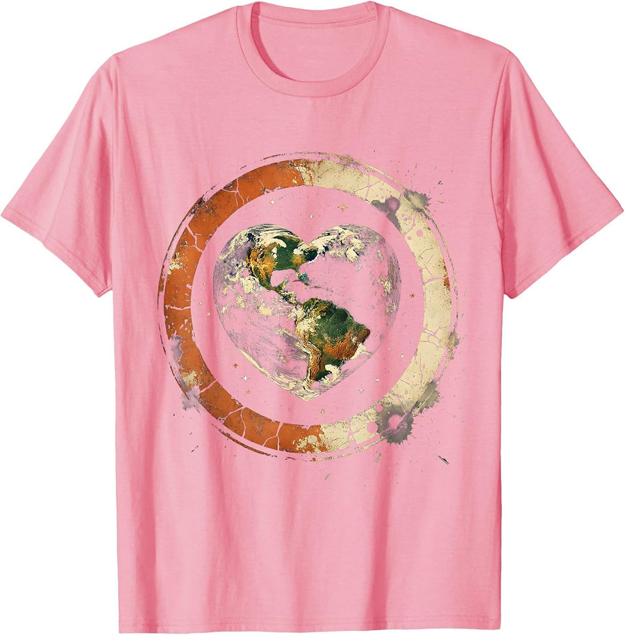 Men's I Heart Earth Heart-Shaped Planet Space Design T-Shirt - Pink