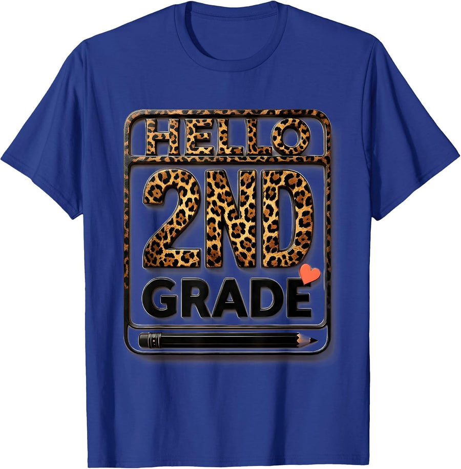 Hello 2nd Grade Leopard Print Kids Girl Teacher Back T-Shirt - Royal Blue