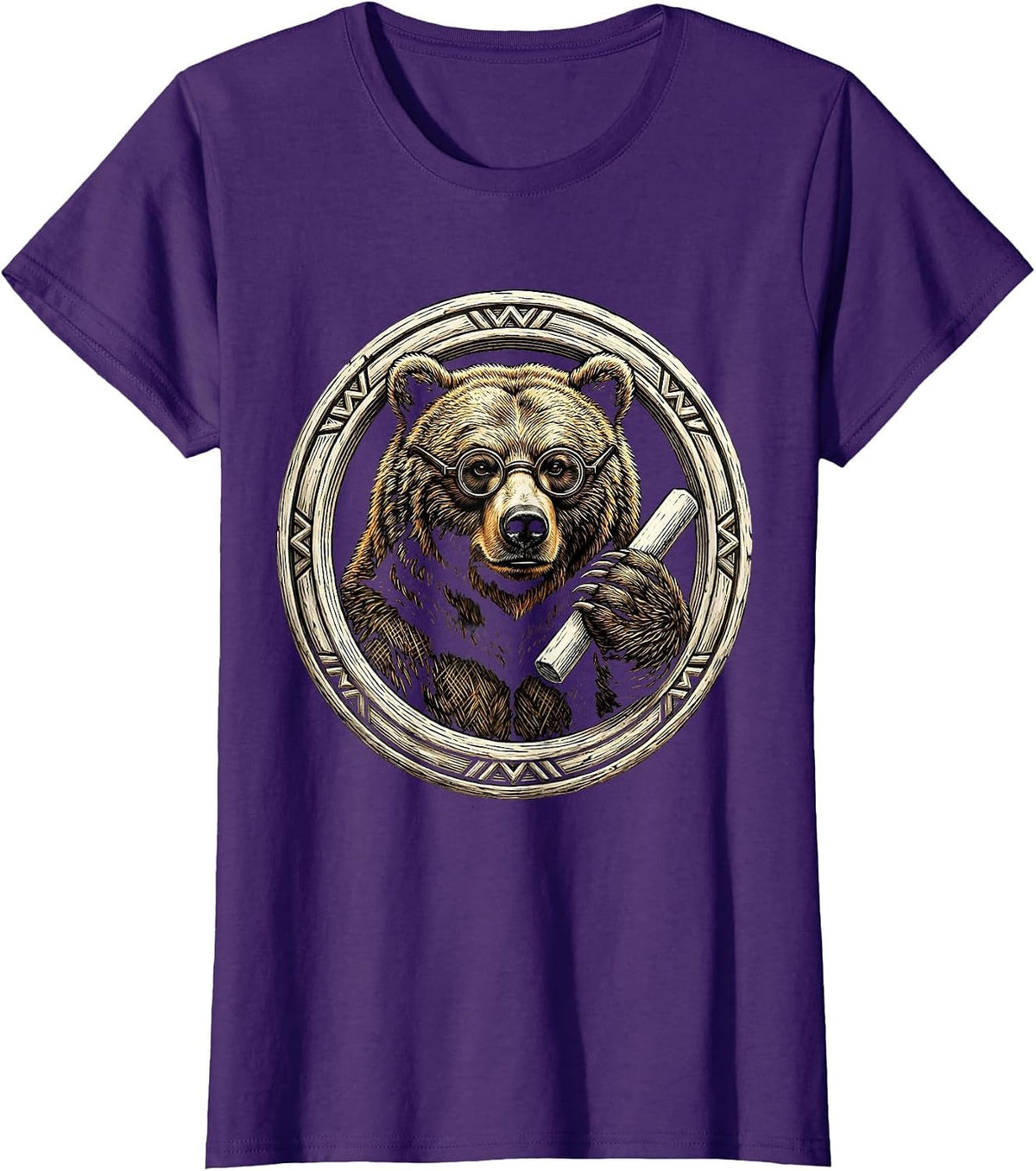 Women's Academic Bear Professor Chalk Illustration T-Shirt - Purple