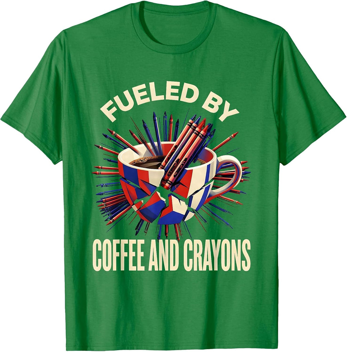 Men's Fueled by Coffee and Crayons 2nd Grade Teacher T-Shirt - Kelly Green