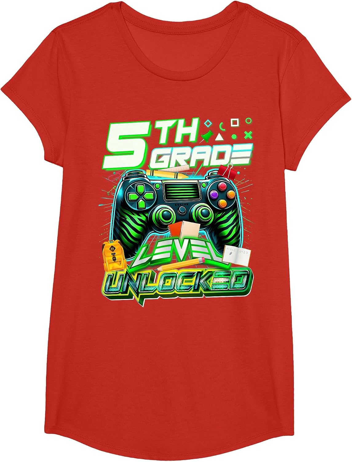 Back to School 5th Grade Level Unlocked Gamer First Day T-Shirt - Girls Red