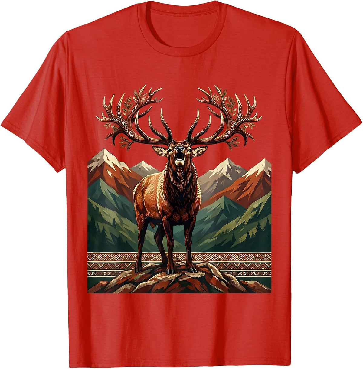 Men's Elk Bugling on Rocky Mountain Ridge T-Shirt - Red
