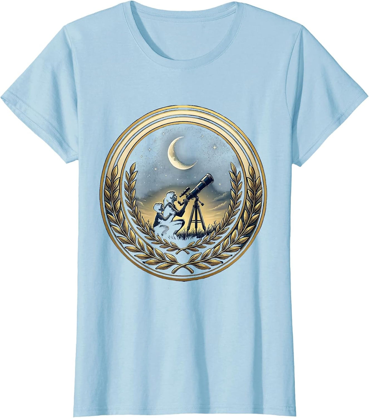 Auntie and Child Stargazing Telescope Design T-Shirt - Baby Blue