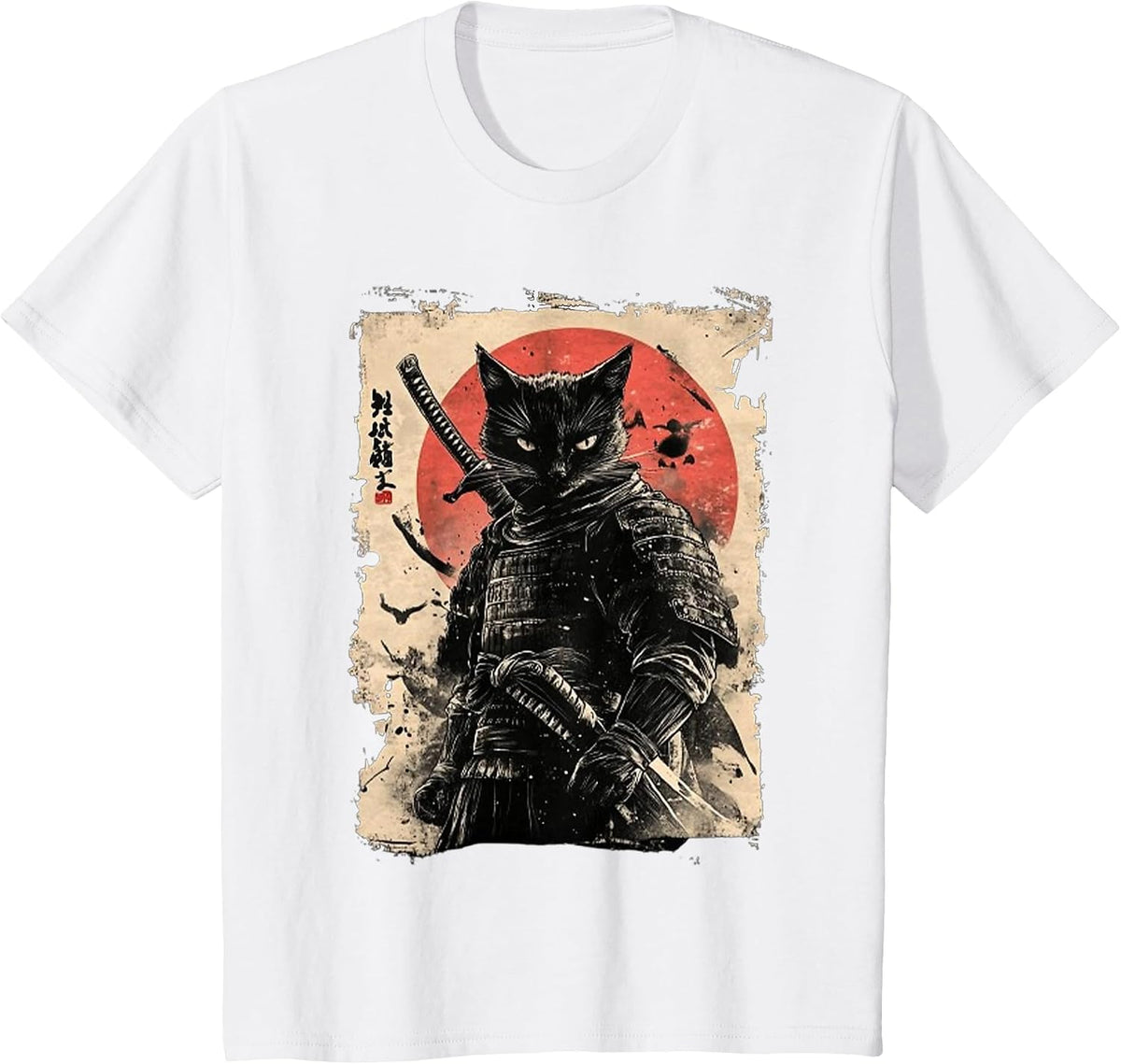 Vintage Japanese Art Anime Graphic Samurai Cat Warrior Tees T Shirts - White