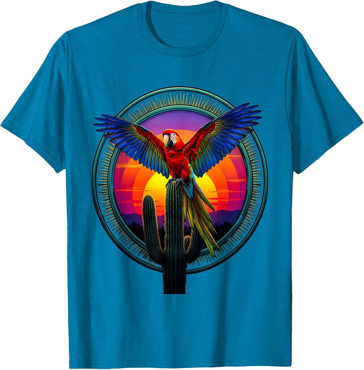 Latina Parrot on Cactus Sunset Illustration T-Shirt - Sapphire Blue