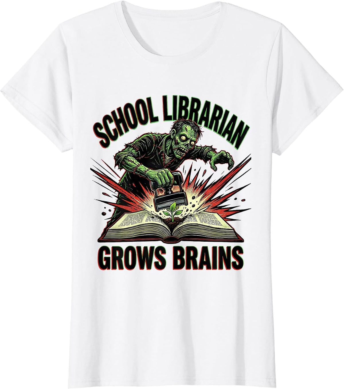 Women's School Librarian Grows Brains Comic Book Zombie Teacher T-Shirt - White