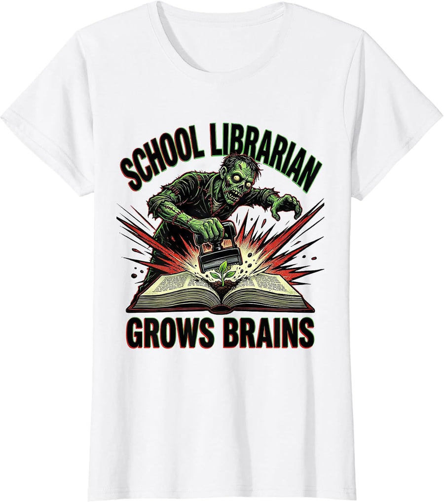 Women's School Librarian Grows Brains Comic Book Zombie Teacher T-Shirt - White
