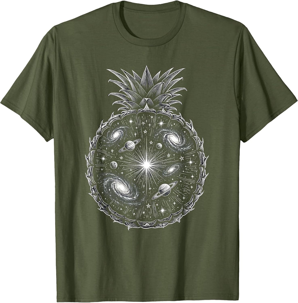 Men's Cosmic Pineapple Galaxy Universe Illustration T-Shirt - Olive Green