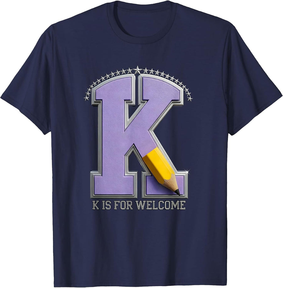 K Is For Welcome Retro Kindergarten Teacher Back to School T-Shirt - Navy Blue