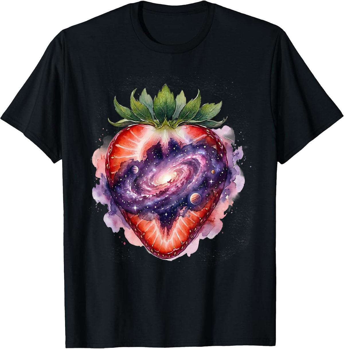 Men's Strawberry Cosmic Universe Surreal Nature Art T-Shirt - Black