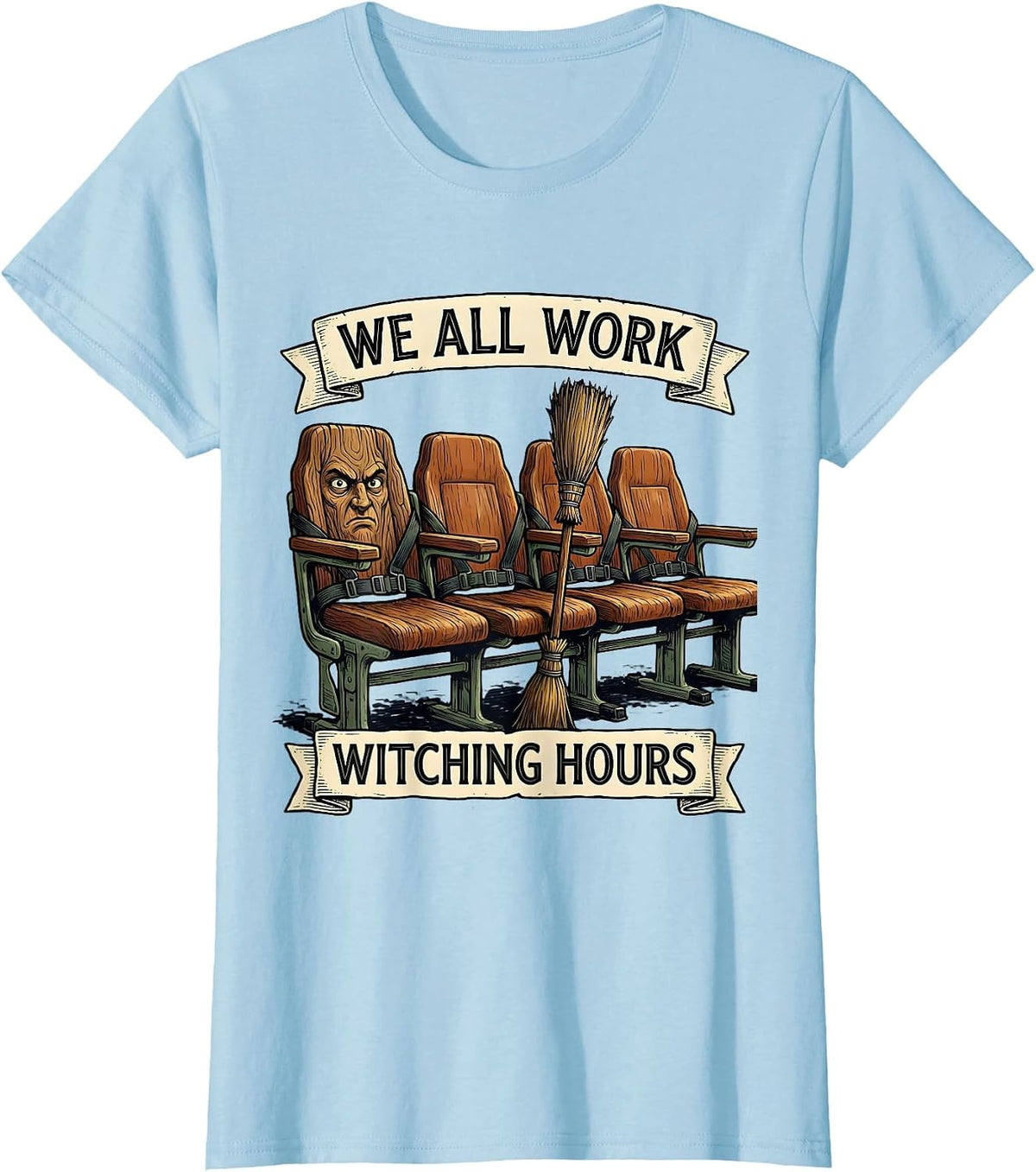 Women's We All Work Witching Hours Funny School Bus Driver Halloween T-Shirt - Baby Blue